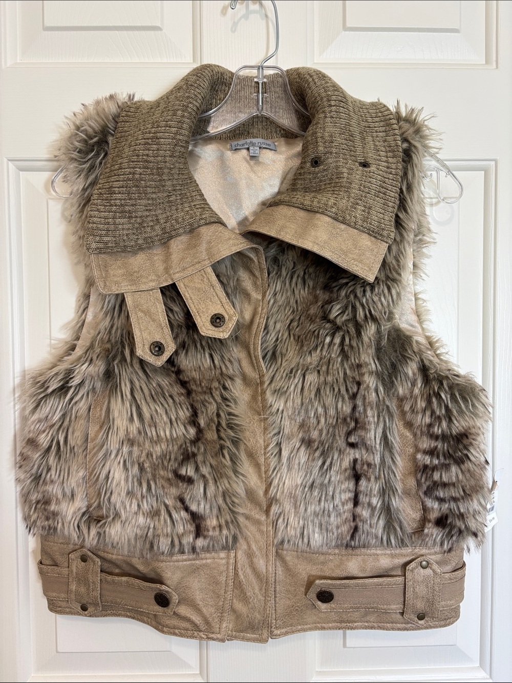NWT CHARLOTTE RUSSE Women's Brown Faux Fur Zip Up Vest Size Large Y2K Moto Brat